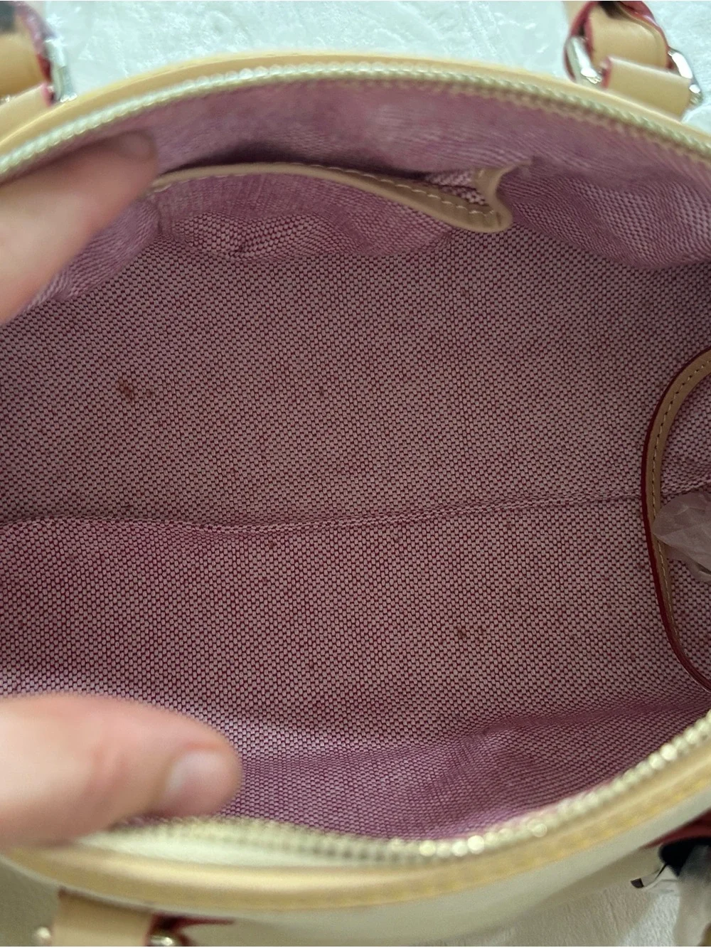 Dooney & Bourke Cream Leather Satchel with Tan Trim and Navy Tag Accent